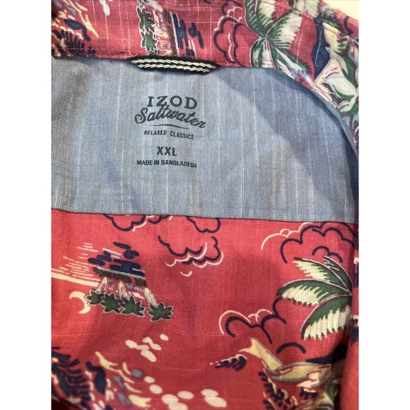 Izod Saltwater Hawaiian Shirt Men's XXL Pink Floral Palm Tree Beach 100% Cotton - Picture 4 of 5